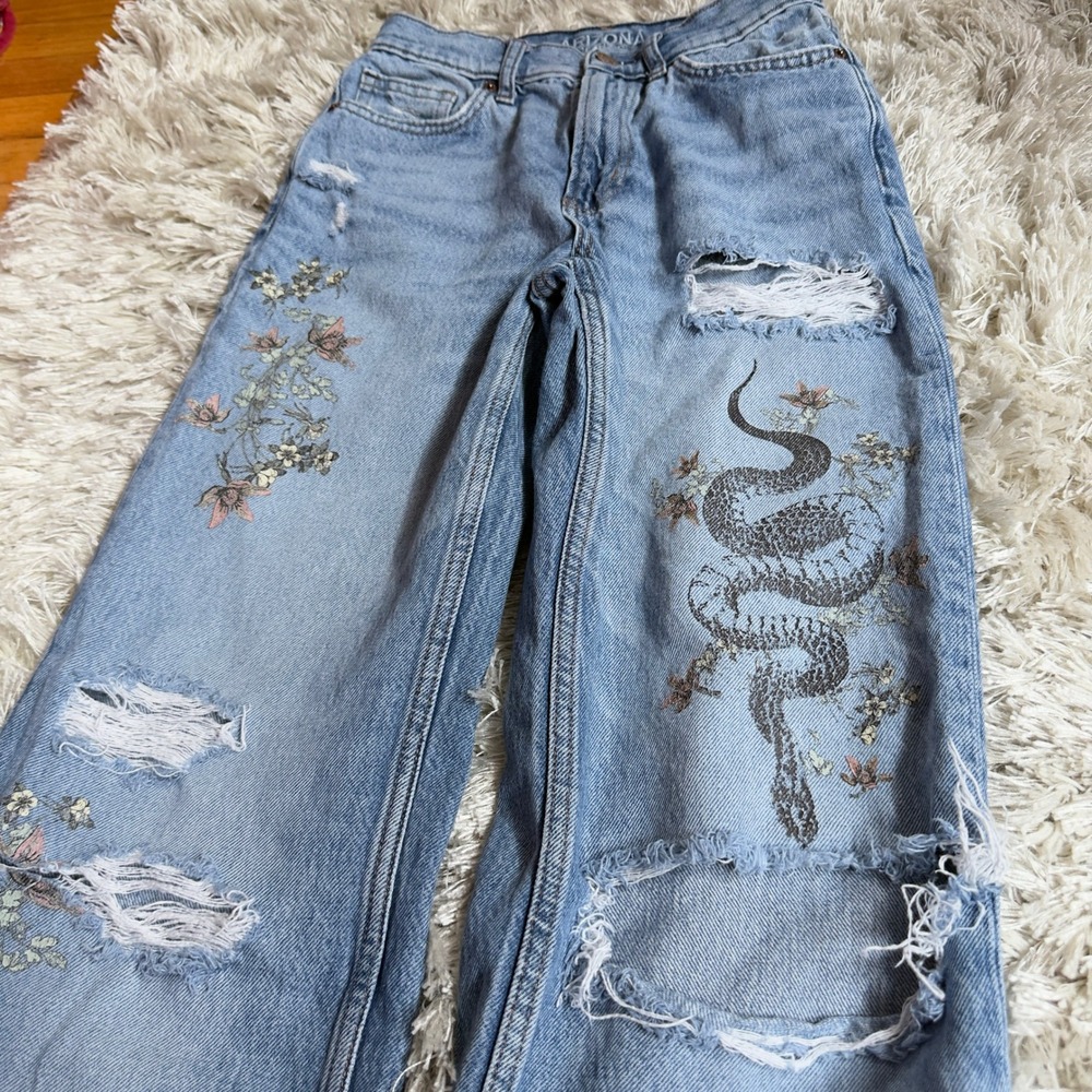 Arizona High Rise Baggy Skater Jeans Snake Floral Distressed Wide Leg Y2K 25x30